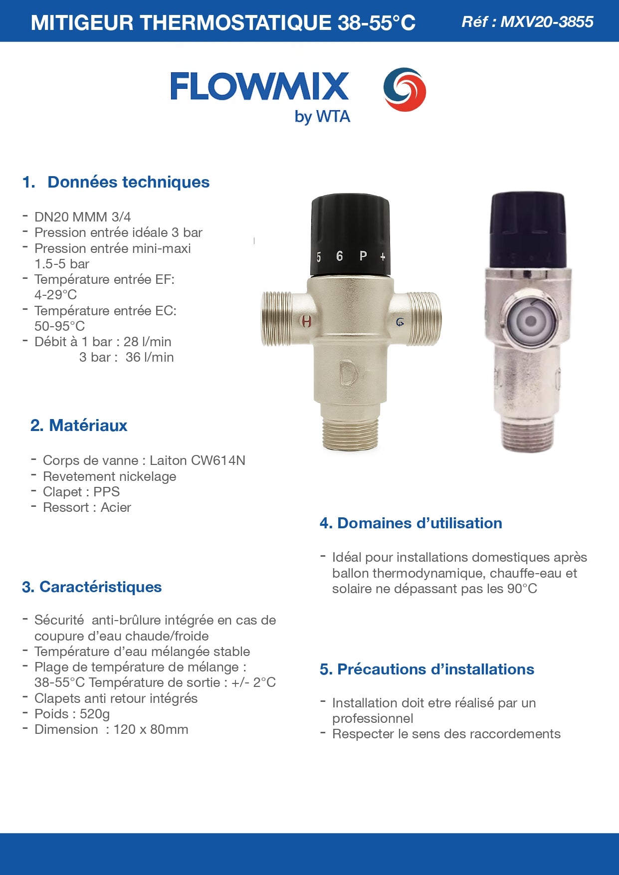 Mitigeur thermostatique 3/4" DN20 - Plage de température 38-55°C ±2°C - Sécurité anti-brûlure