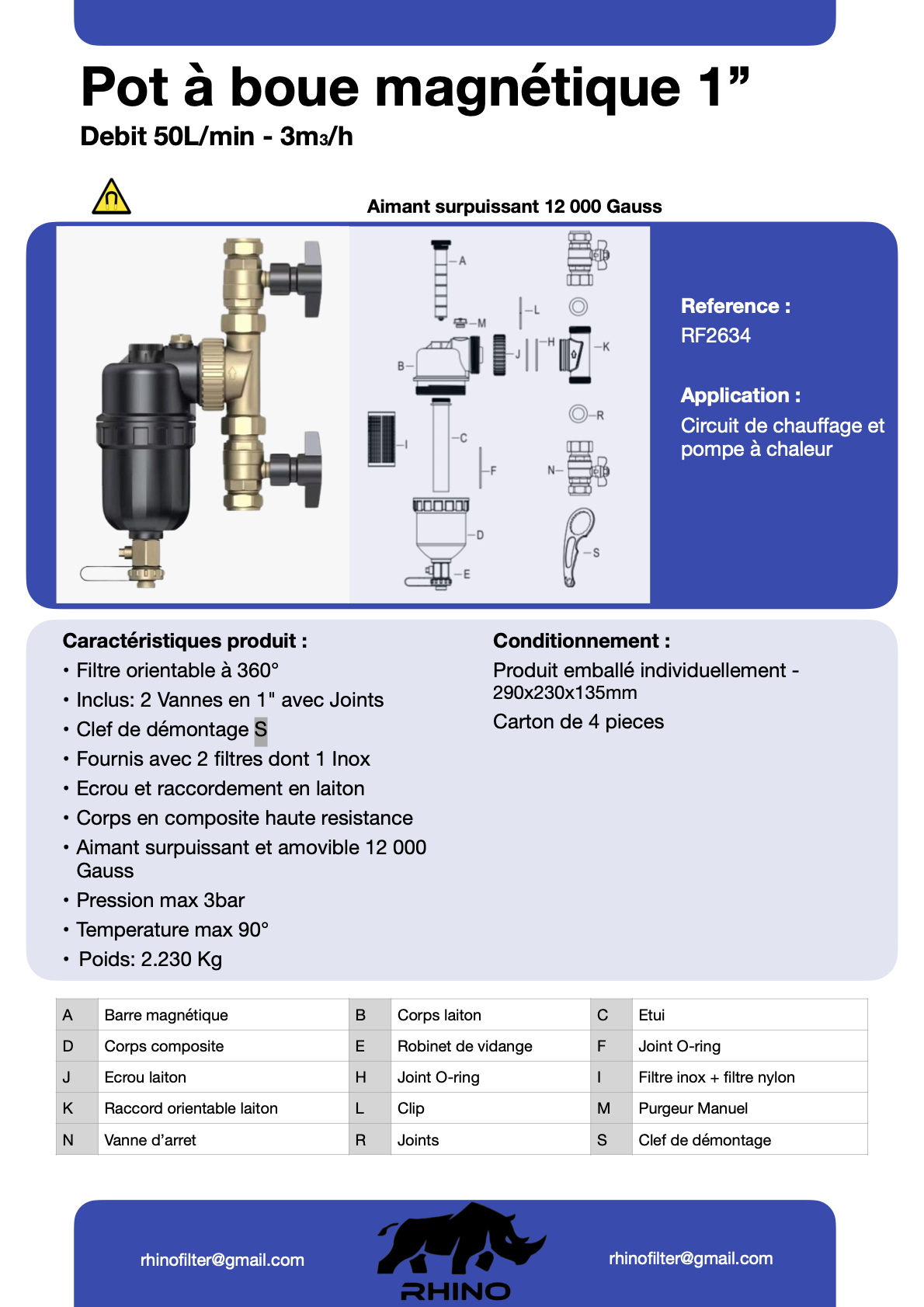 Pot à boue 1" avec 2 vannes - Rhino