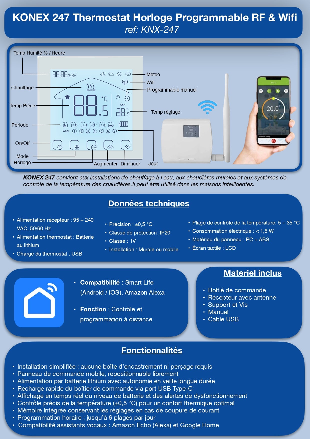 KONEX 247 Thermostat Horloge Programmable RF &amp; Wifi