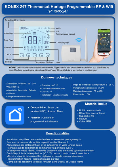 KONEX 247 Thermostat Horloge Programmable RF &amp; Wifi