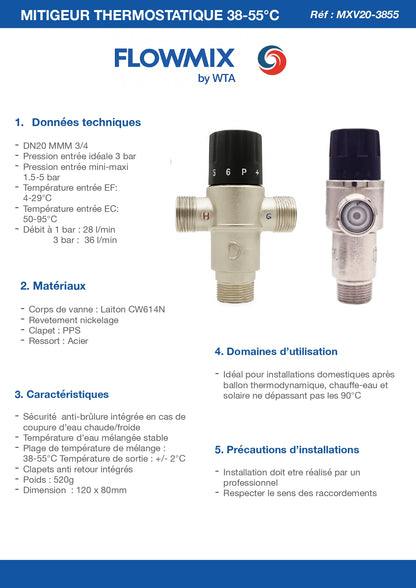 Mitigeur thermostatique 3/4" DN20 - Plage de température 38-55°C ±2°C - Sécurité anti-brûlure